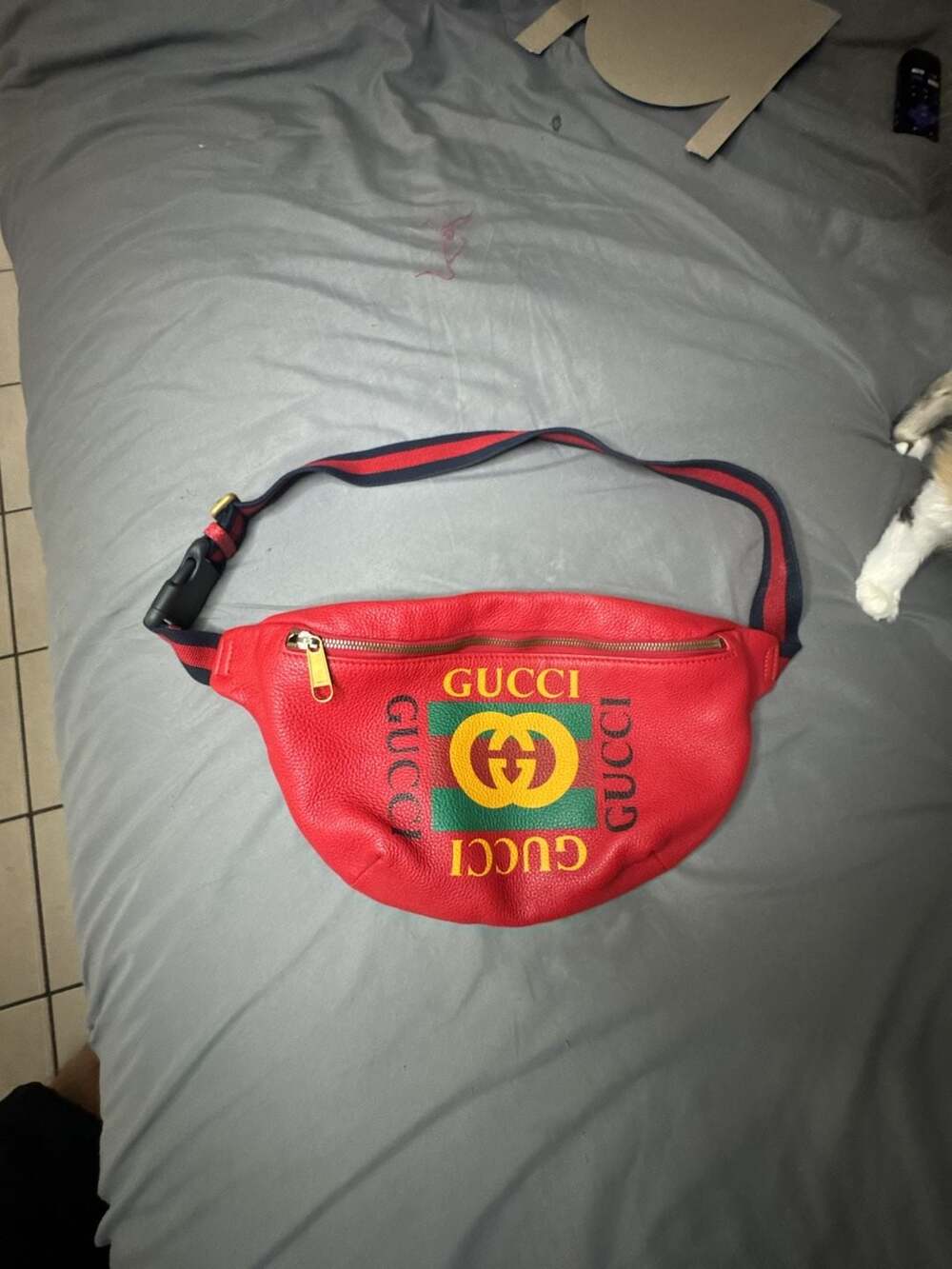 GUCCI Large 90 cm Red Leather Logo Print Waist Belt Bag Retail